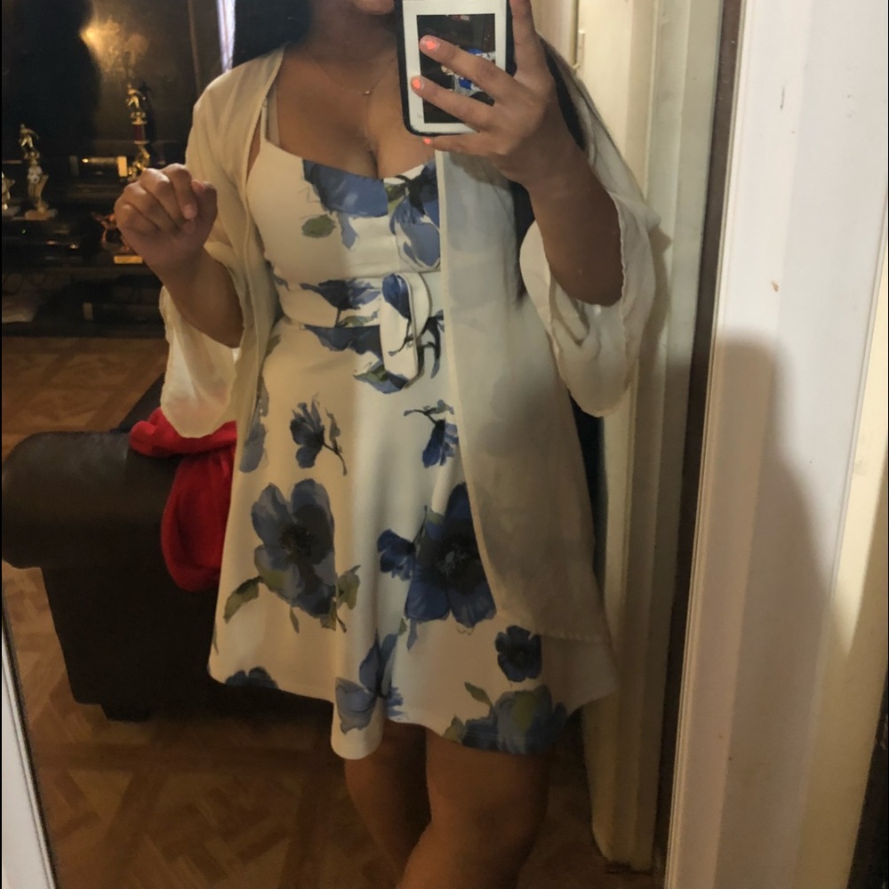 White and blue flower print dress